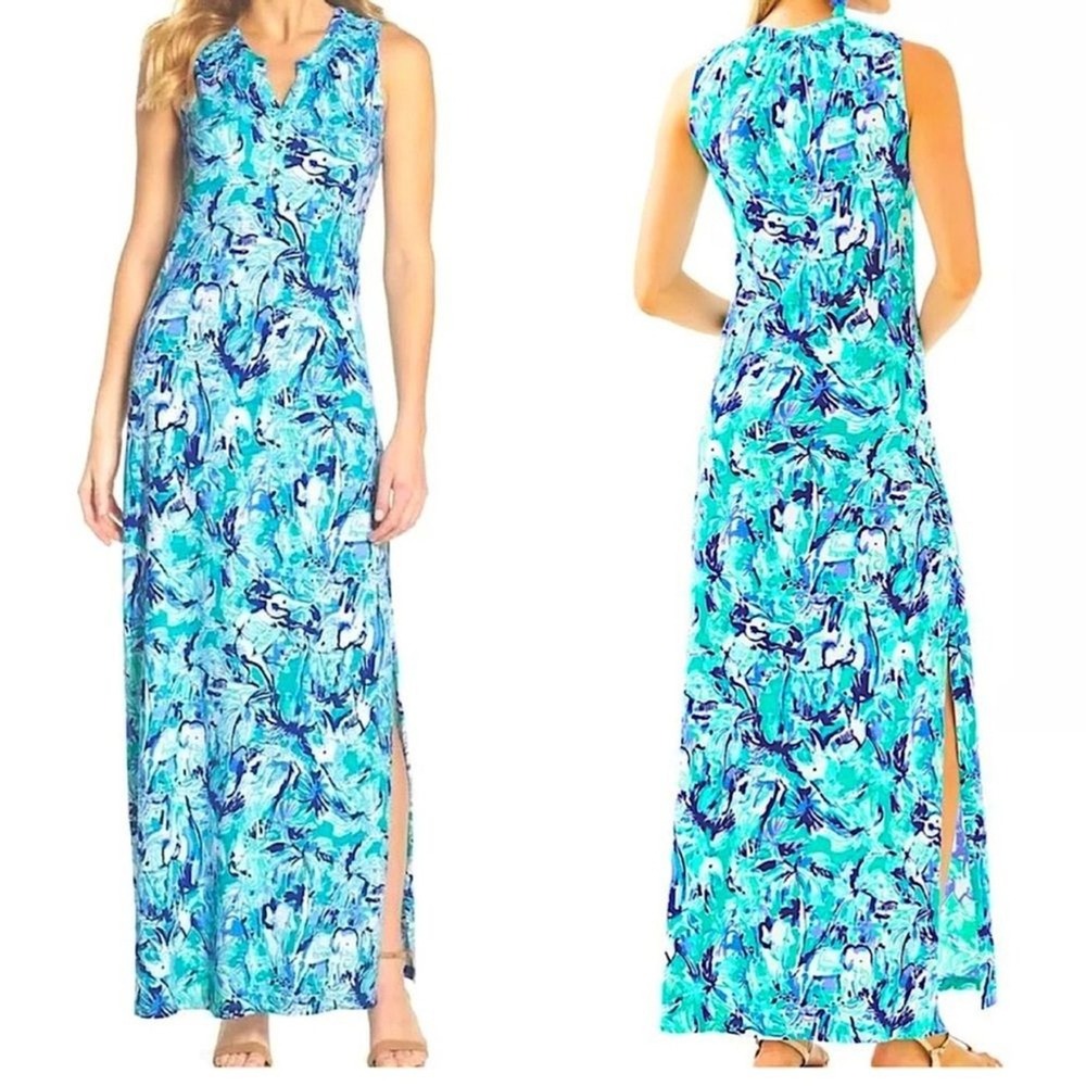 Lilly Pulitzer Sz M Essie Maxi Dress Elephant Tropical Turquoise Vacation Beach